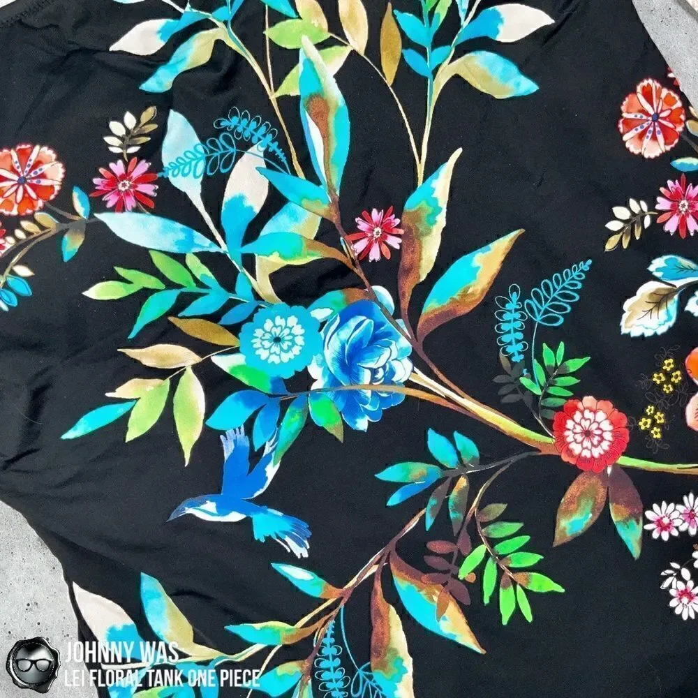 JOHNNY WAS LEI FLORAL TANK ONE PIECE PLUS SIZE 2X SWIMSUIT IN BLACK FLORAL NEW